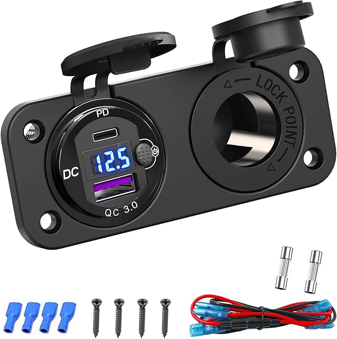 Cigarette Lighter Socket 12 Volt USB Outlet: PD 20W C and QC3.0 Car Port Aluminum Metal 12V Plug, 150W Charger Panel with Power Switch LED Voltmeter for Marine Boat RV Golf Cart