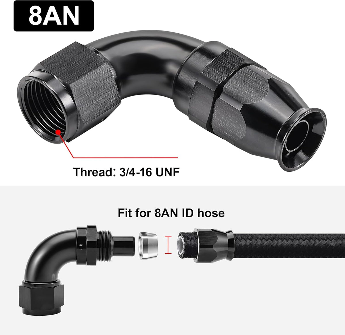 EVIL ENERGY 8AN 90 Degree PTFE One Piece Full Flow End Hose Fitting Aluminum Black