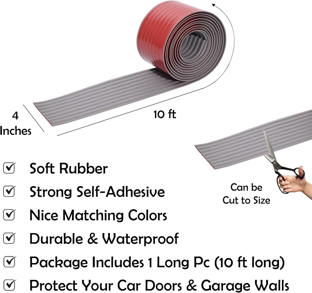 RUBBER BOND Garage Wall Protectors - 4in x 10ft Strong Self-Adhesive Rubber Bumper Protectors for Garage Walls - Heavy Duty, Waterproof and Anti-Scratch Garage Wall Protector for Car Doors (Grey)