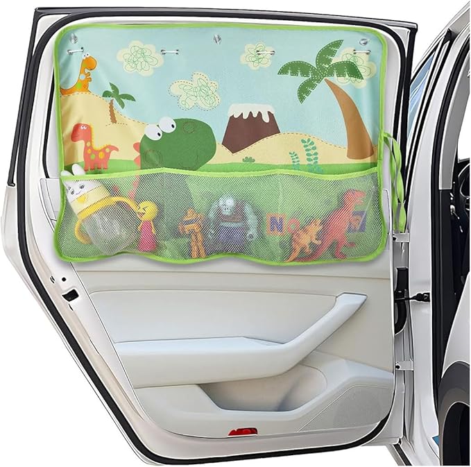 Car Window Shade for Baby, Blackout Car Window Curtain with Storage Pockets & 7 Suction Cups, Cartoon Pattern Cars Side Window Sun Shade Cover for Sun/Heat/UV Rays Protection (Green-Dinosaurs)