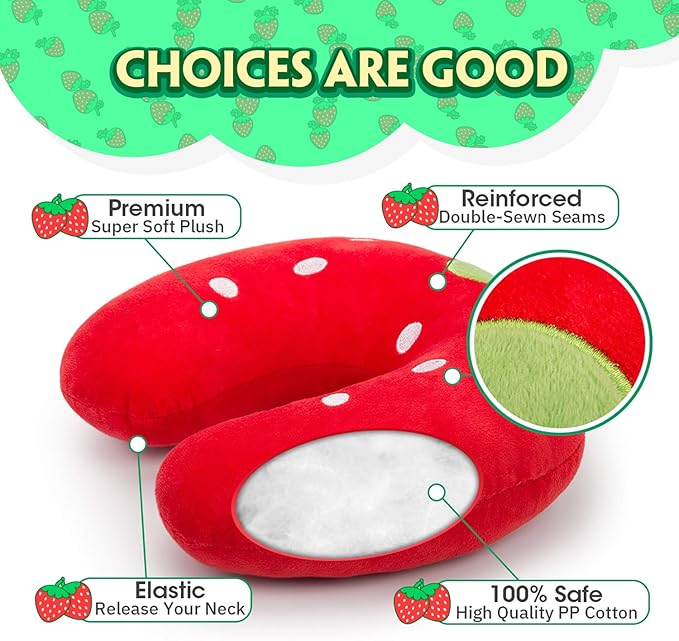 H HOMEWINS Travel Pillow for Kids,Cute Animal Toddler Neck Pillow for Boys Girls,Soft Neck Head Chin Support Pillow,Travel Accessories for Airplane, Car, Train,Recline(Strawberry)