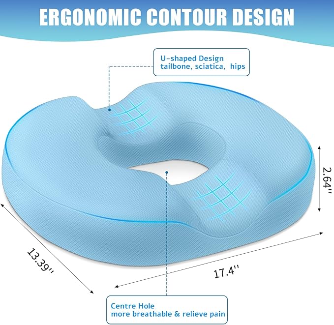 BlissTrends Donut Pillow Seat Cushion,Donut Chair Cushions for Postpartum Pregnancy & Hemorrhoids,Tailbone Pain Relief Cushion,Memory Foam Lifting Cushions for Office&Home Chairs (Light Blue)