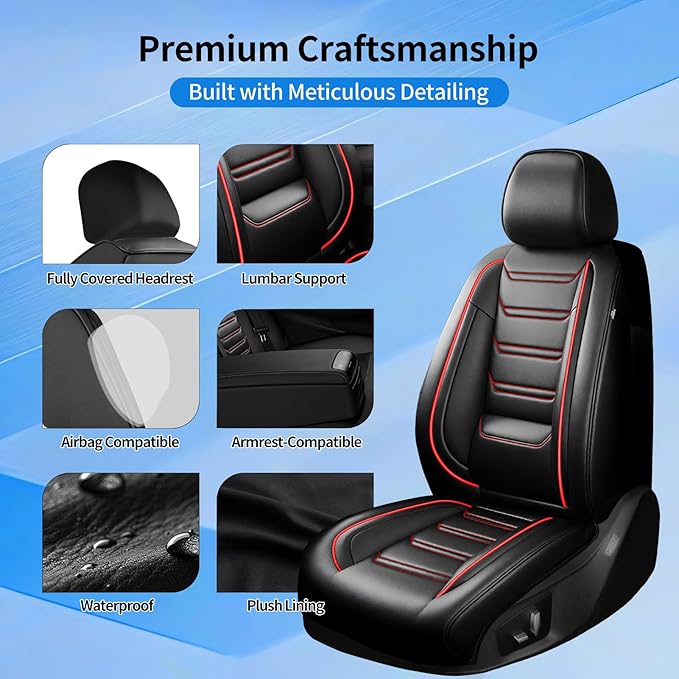 Fit CX-5 Car Seat Covers (Front Pair) for Select Mazda CX5 2013-2024 2025 2026 - Premium Full Coverage Leather, Airbag Compatible, Waterproof & All Weather Seat Protector, Black with Red Trim