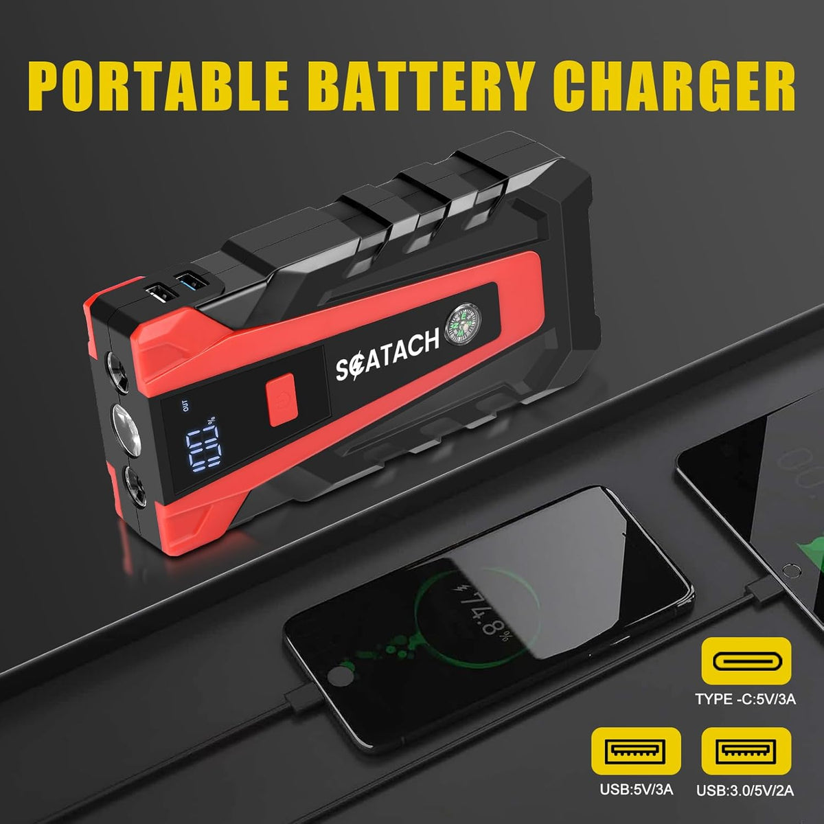 Scatach 011 3500A Car Battery Jump Starter,12V Jump Starter Battery Pack (up to 9.0LGasoline and 7.0L Diesel Engine), Portable Jump Box with 3 Modes Flashlight and JumperCable
