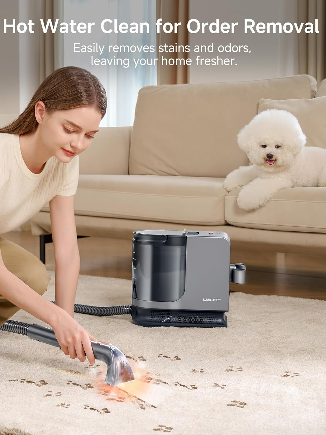 uwant Portable Carpet Cleaner with Steam& HeatingSystem, 18Kpa Powerful Suction Carpet Cleaner Machine with Exclusive Tools 2in1 Upholstery Steam Cleaner Machine (Grey)