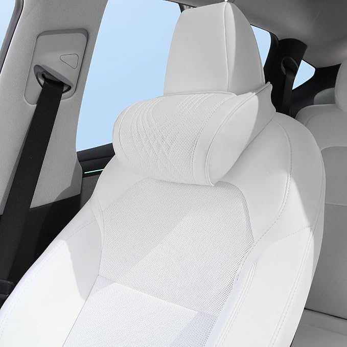 Car Headrest Memory Foam Neck Pillow for Driving with Leather Cover Soft Comfortable Seat Head Pillow Cushion for Most Cars SUV Sedan Home Office, White, 1PC