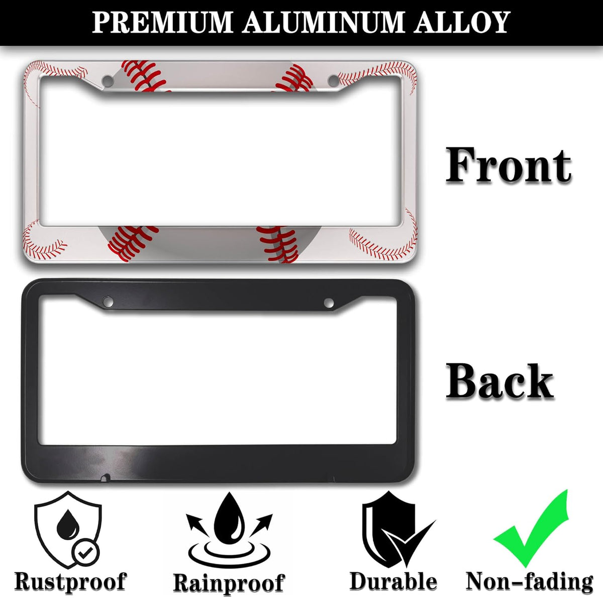 License Plate Frames for Men Red and White License Plate Cover for Women Baseball Texture Aluminum Metal Car Accessory 2 Pack with Screw Covers Set
