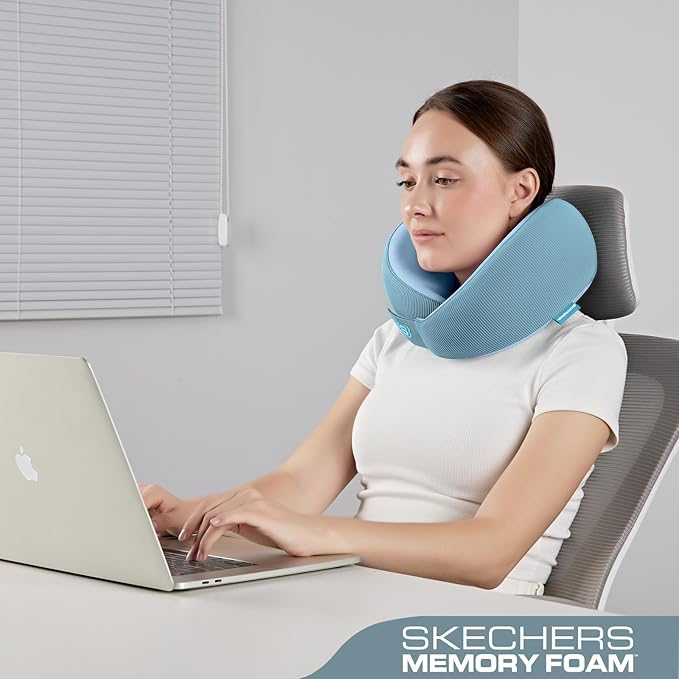Skechers Women's Memory Foam Neck Pillow, Comfortable & Breathable Travel Pillow,Neck Pillow Airplane for Travel, Car Rides, Home, and Office Use, Ergonomic Design for Men and Women,Light Blue