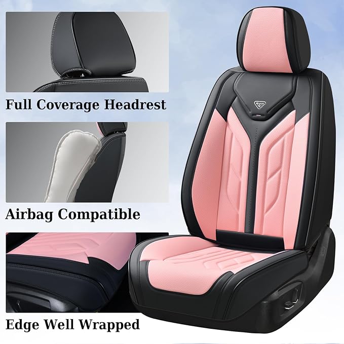 Coverado Front Seat Covers, Car Seat Covers Front Seats, Leather Seat Covers for Cars, Automotive Seat Covers Car Seat Protector Car Accessories Fit for Most Sedans SUV Pick-up Truck(Black&Pink)