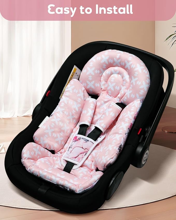 Infant Car Seat Insert, Enlarged Head Support for Baby Carseat, Reversible Newborn Insert with 3 Strap Covers, 2-in-1 Baby Car Seat Cushion for Stroller, Swing, Bouncer, Rocker - Pink Floral