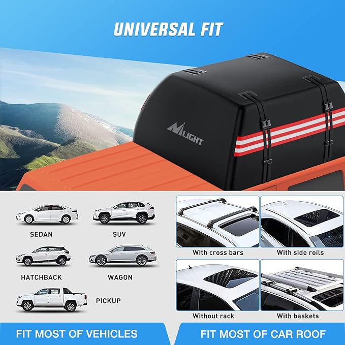 Nilight Car Roof Bag 21 Cubic Feet Waterproof Rooftop Cargo Carrier,Suitable for All Vehicle with/Without Rack - Waterproof Zip,Reflective Strip,Anti-Tear 840D PVC, with Anti-Slip Mat