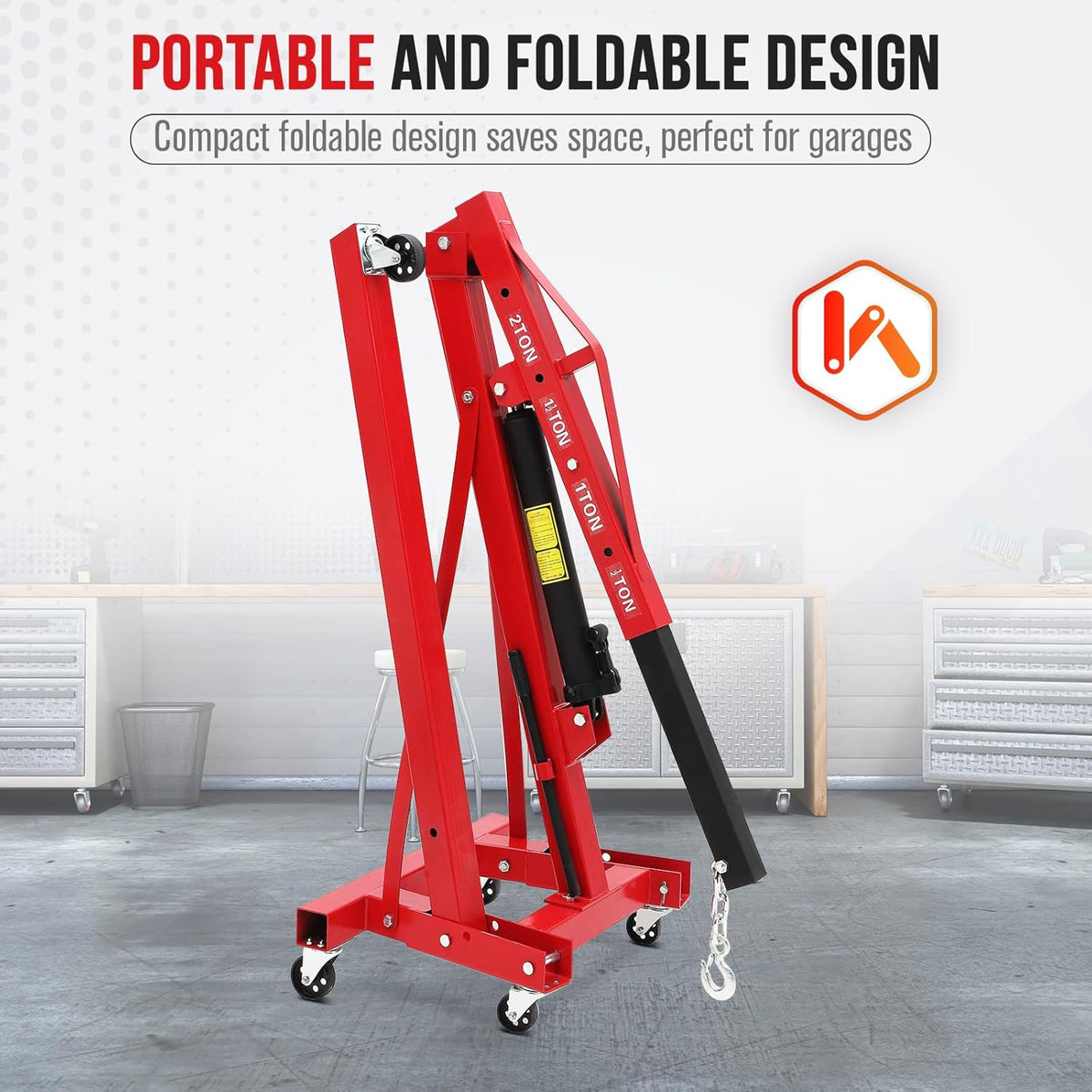 2 Ton Hydraulic Engine Hoist with Lever Stabilizer, Cherry Picker Engine Hoist, 4400LBS Heavy Duty Garage Crane with 6 Swivel Casters & Adjustable Telescopic Boom, for Auto Repair & Workshop (Red)