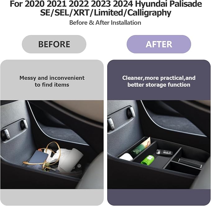 LUWU 2020-2025 Hyundai Palisade SE/SEL/XRT/Limited/Calligraphy Center Console Organizer Armrest Organizer Insert Tray with 4 Compartments, Non-Slip Mats, Black