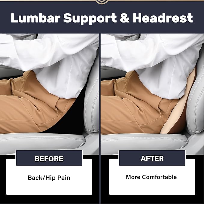 Coverado Lumbar Support and Headrest Pillow for Car, Memory Foam Ergonomic Head Neck Support Pillow for Driving Seat, Back Support and Pain Relief, Seat Cushion for Car, Driver, Office