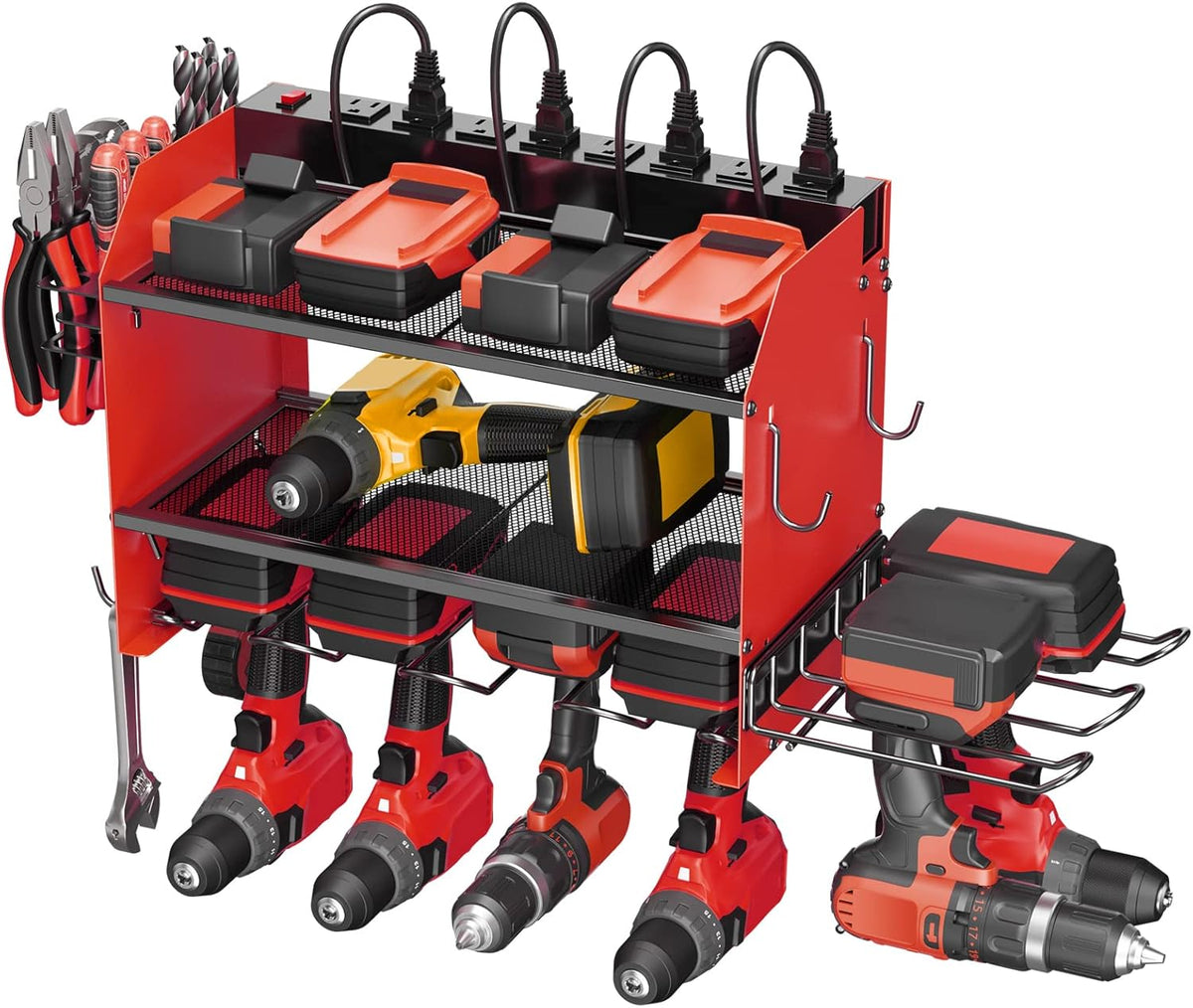 CCCEI Modular Power Tool Organizer Wall Mount Charging Station, Red 6 Drills Holder with 8 Plug Power Strip 10FT, Garage Drill Battery Heavy Duty Metal Shelf, Utility Rack with Hooks, Side Storage.