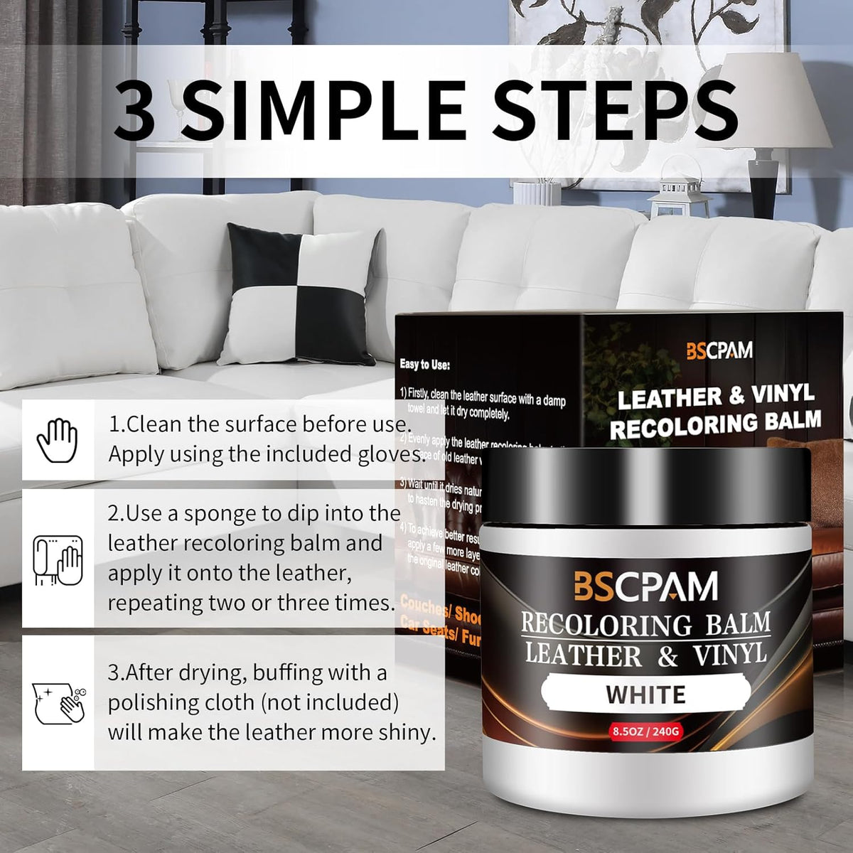 White Leather Recoloring Balm,Leather Couch Scratch/Stain Remover,Leather Repair kit for Vinyl Furniture and Car Interior,Leather Dye Paint for Scratched and Faded Leather Couches