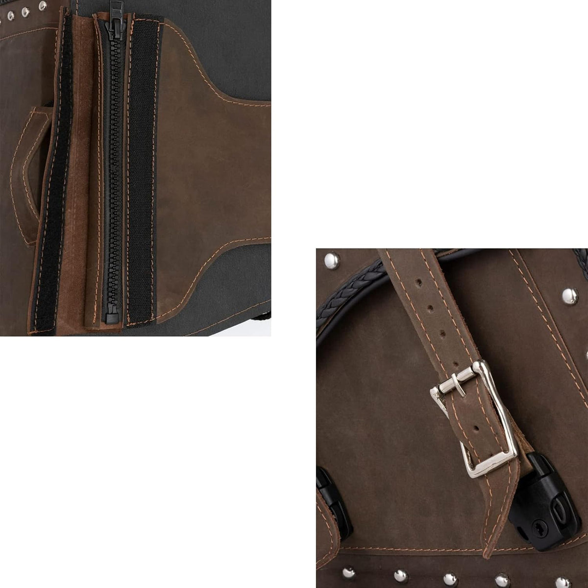 GARGOYLE BELLS Motorcycle Saddle Bags Genuine Leather Motorcycle Luggage Bag For Softails Sportsters and Choppers (No Stud, Brown, 13”x13“x10”)