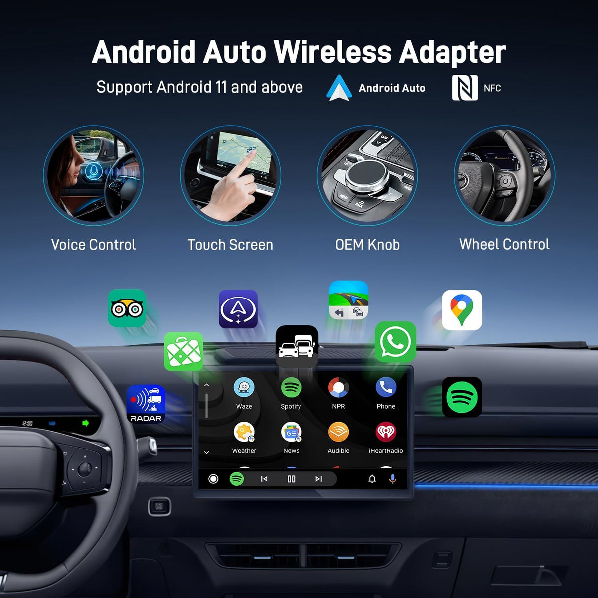 Android Auto Wireless Adapter with NFC, 2024 Upgraded Android Auto Dongle, Low Latency, 5.8GHz Wifi, Plug & Play Converts Wired to Wireless for Android 11+ & Cars with Factory Wired Android Auto