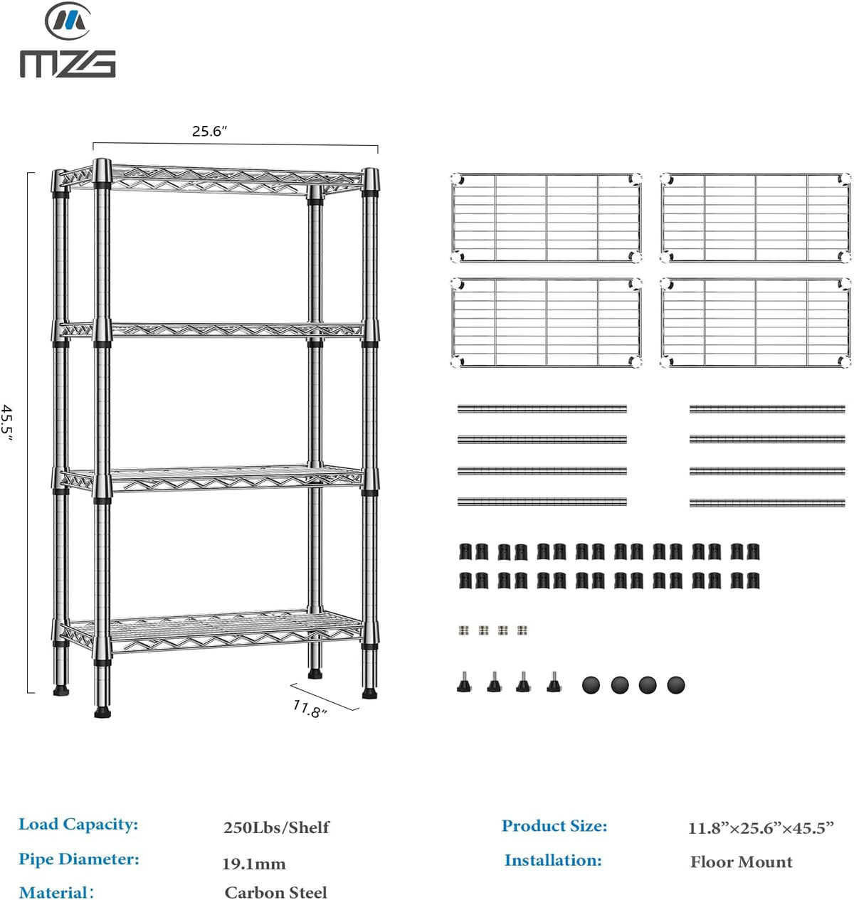 1000 lbs 4 Tier Shelf Metal Storage Shelves Wire Rack Closet Organizers for Garage Kitchen Bathroom Laundry Chrome 11.8" D x 25.6" W x 45.5" H
