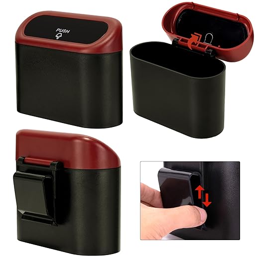 Ginsco Mini Car Trash Can with Lid, Small Car Garbage Can, Cute Leakproof ABS Car Trash Bin, Car Accessories for Interior, Garbage Bin for Car, Home, Office with 60pcs Trash Bags Black/Red