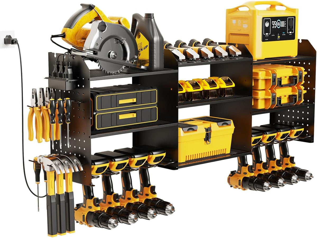 Power Tool Organizer with Charging Station Wall Mount, 3 Layer Expanded Heavy Duty Garage Organization, 45.5 Inch Length Garage Tool Storage, 8 Drills, 2 Assemble Method, Black