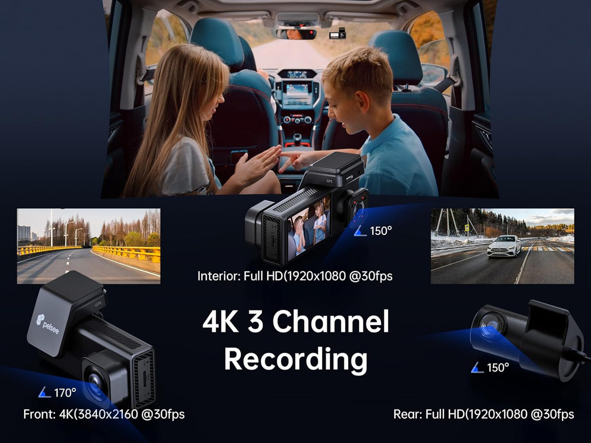 Pelsee P2 Trio 4K Dash Cam Front and Rear Inside WiFi, 64GB Card, 4K+1080P+1080P Dashcam,3 Channel Dash Camera for Cars Smart Driving Assistant ADAS/BSD/DMS,Night Vision/24H Parking Mode/G-Sensor