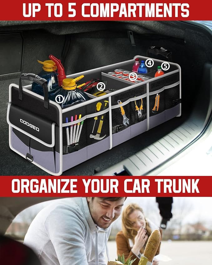 Car Trunk Organizer with Portable Leak Proof Cooler Bag, 3 Compartments Collapsible Car Organizers and Storage with Foldable Cover, Christmas Gifts, Suitable for SUV, Auto, Truck, Minivan