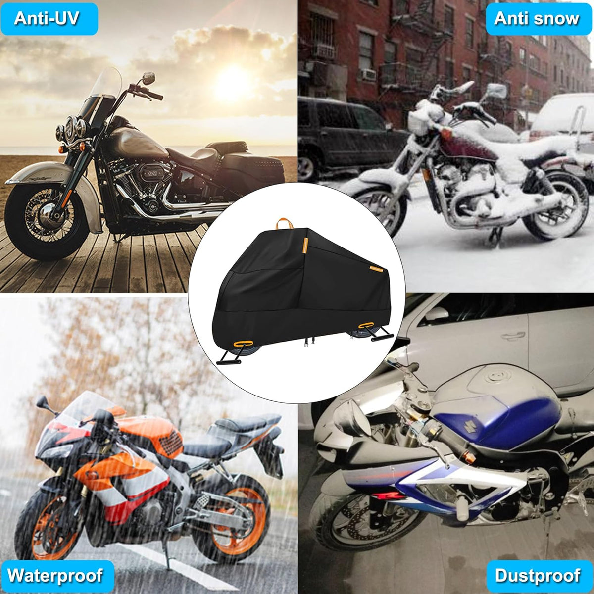 Motorcycle Cover Waterproof Outdoor, 300D Heavy Duty Motorcycle Cover for Harley Davidson Electra Glide Ultra Limited CVO Road Street Glide Honda Gold Wing Protection Fits up to 116" - Black