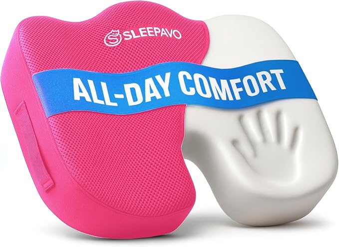 Sleepavo Office Chair Cushion - Seat Cushion for Tailbone Pain Relief - Butt Pillow for Coccyx, Sciatica, and Lower Back Pain - Orthopedic Chair Pad for Lumbar Support in Office Desk (Pink)