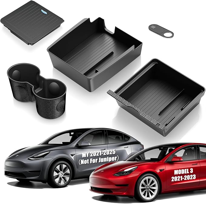 5Pcs Center Console Organizer Tray Compatible for Tesla Model Y Accessories 2024-2021 Armrest Hidden Drawer Storage Box Cup Holder (Not Compatible for Model 3 Highland & Model y Juniper)