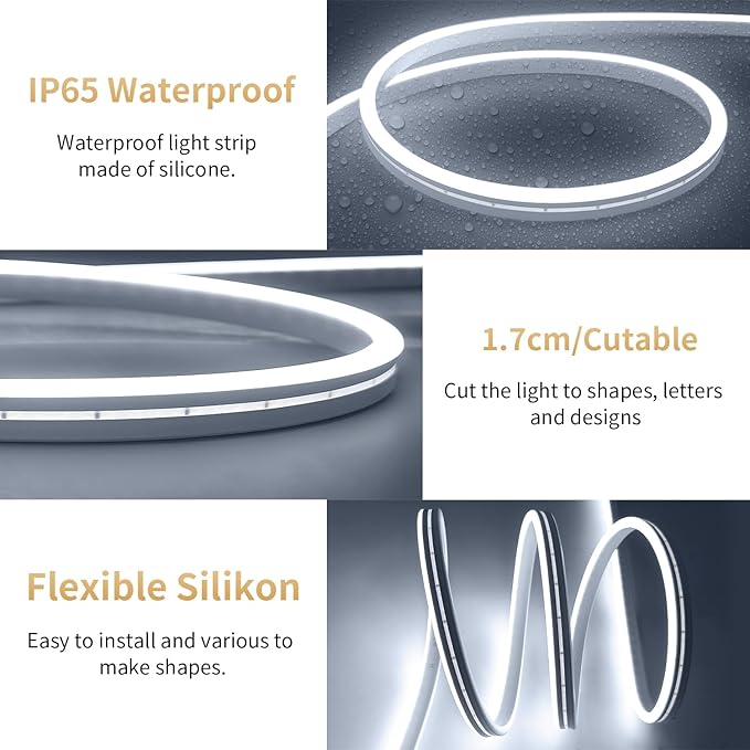 iNextStation USB LED Neon Lights Strip White, 6.6ft 5V Neon Rope Lights Waterproof Flexible Dimmable LED Neon Tape Lights for TV Backlight, Bedroom, Cabinet, Kitchen, DIY Lighting