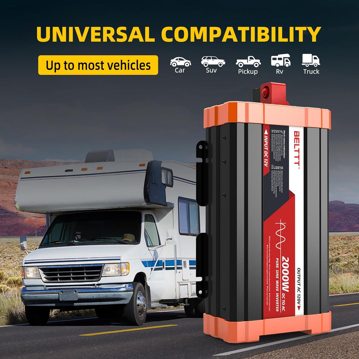 BELTTT 2000W Pure Sine Wave Inverter, Car Power Inverter 12V to 120V AC Converter for RV, Truck, Solar, Outdoor with Dual AC and 20A Socket, 5V 2.1A USB, Surge 4000W, Hardwire Port, Remote Controller