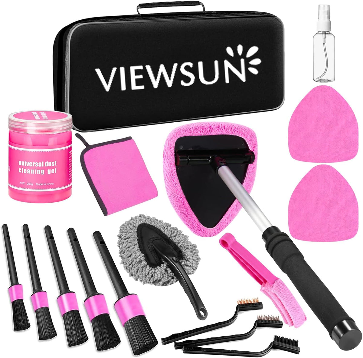 Viewsun Windshield Cleaner Tool, 17Pcs Pink Car Interior Cleaning Kit, Detailing Kit Cleaner, Detailing Brush, Cleaning Gel, Inside Cleaning Supplies Accessories for Women Girl Gift