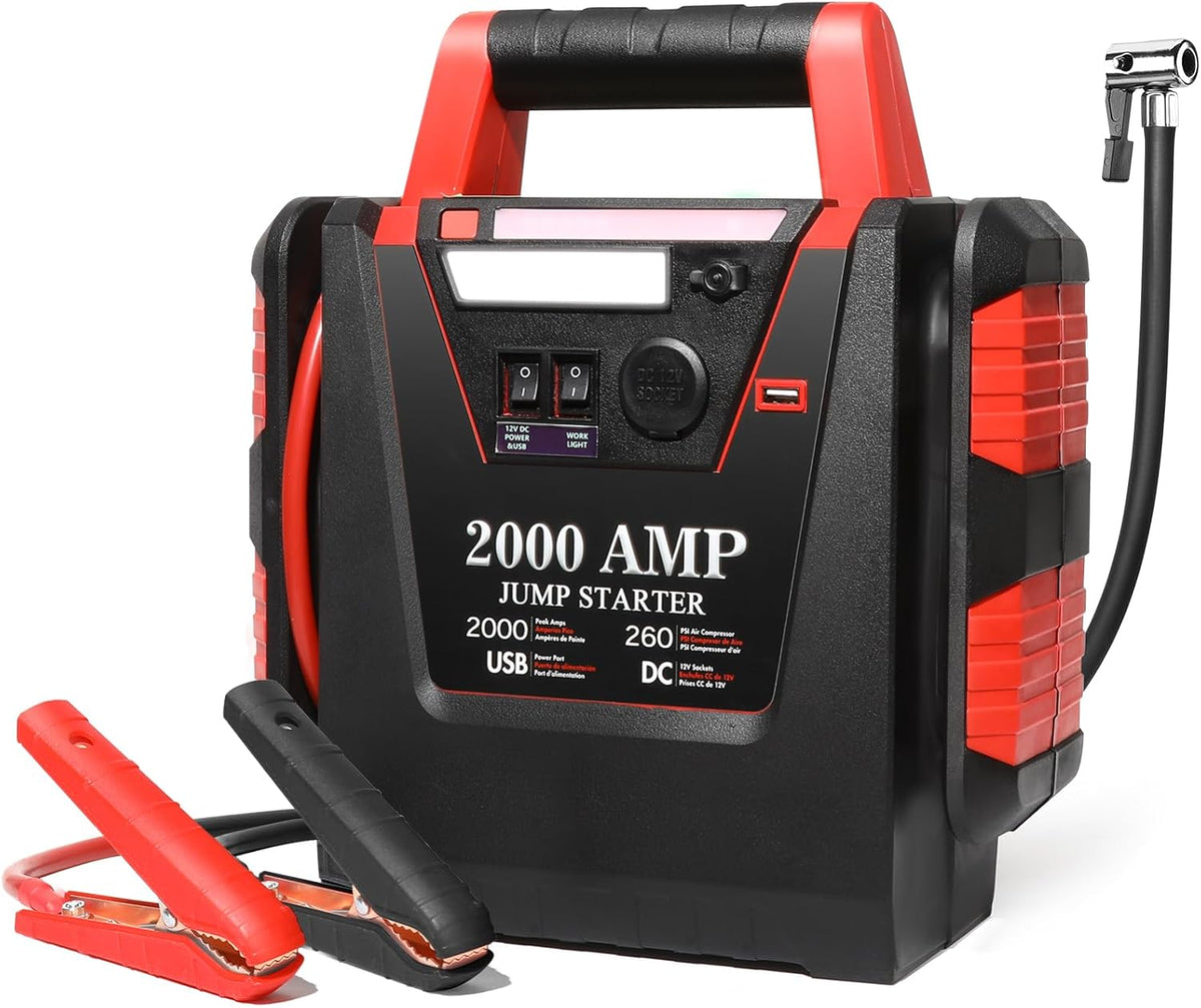 2000A Jump Starter with Air Compressor,Car Battery Jumper Starter 260 PSI Tire Inflator,6 in 1 Auto Lead-Acid Battery Booster Jump Starter for Up to 10.0L Gas or 8.0L Diesel with LED Light