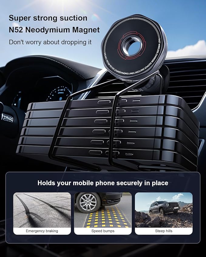 Wireless Car Charger 15W Cell Phone Car Mount, Dashboard/Vent Magnetic Mount for iPhone 16 Pro Max 15 14 13 & Samsung/Android, 360° Rotation Car Phone Holder