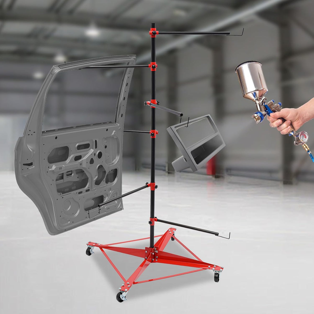 Panel Tree Stand for Painting Rotatable FreeStanding Panel Paint Holder with Wheels Adjustable Center Post for Hang Automotive Doors Fenders Bumpers, Car Repair Shops, Garages(29.5*29.5*70.87in)