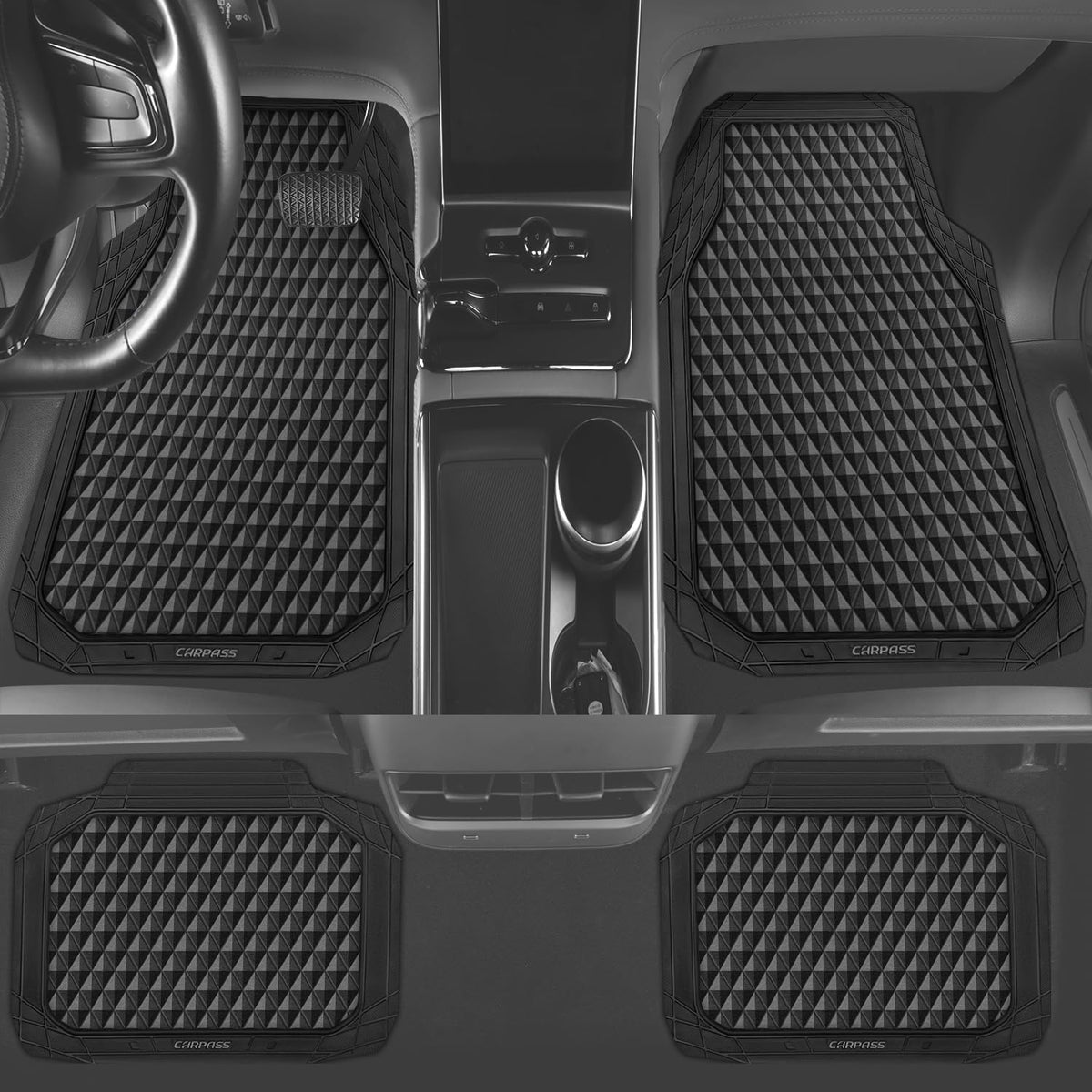 CAR PASS Black Rubber Car Floor Mats & Cargo Liners, Durable Anti-Slip 3D Rhombus Waterproof Automotive Pad Trim Fit Liner All-Weather Trunk Mats Full Set Universal Fit Auto Van Sedan SUV Truck Black