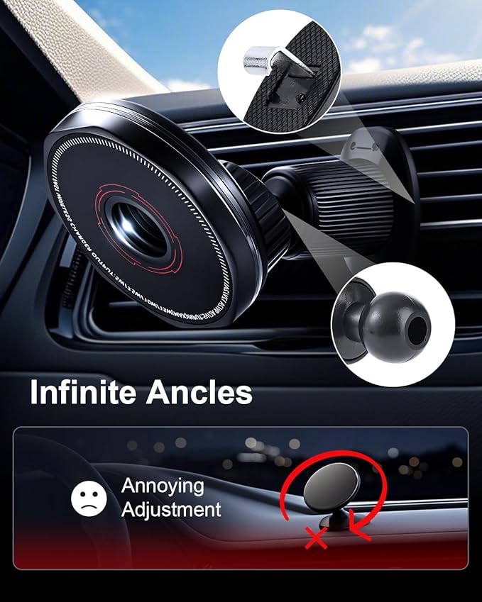 Wireless Car Charger 15W Cell Phone Car Mount, Dashboard/Vent Magnetic Mount for iPhone 16 Pro Max 15 14 13 & Samsung/Android, 360° Rotation Car Phone Holder