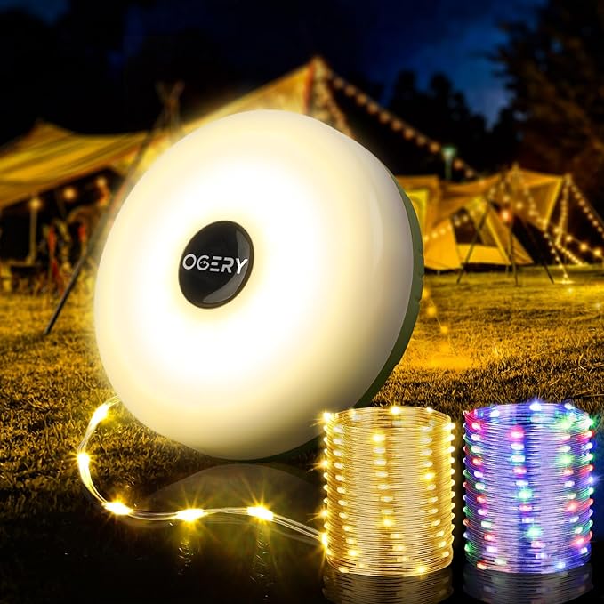 OGERY Camping String Lights, 4 in 1 Quick Storage 32.8FT Rechargeable Tent Lights String with 8 Lighting Modes, Hanging Waterproof Portable LED Lamp for Outdoor Patio Awning Garden Camping Essentials
