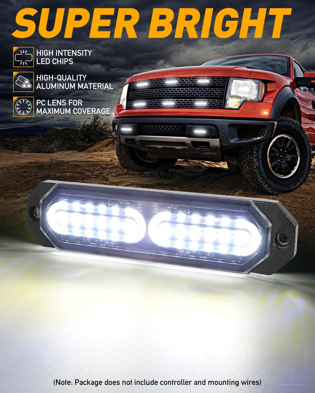 HLauto 1200T Emergency Strobe Grille Lights: 8pcs 12 LED Sync Feature Safety Warning Flashing Light, Ultra Slim Surface Mount Hazard Caution Light for Trucks, Vehicles, Car, ATV, UTV (White)
