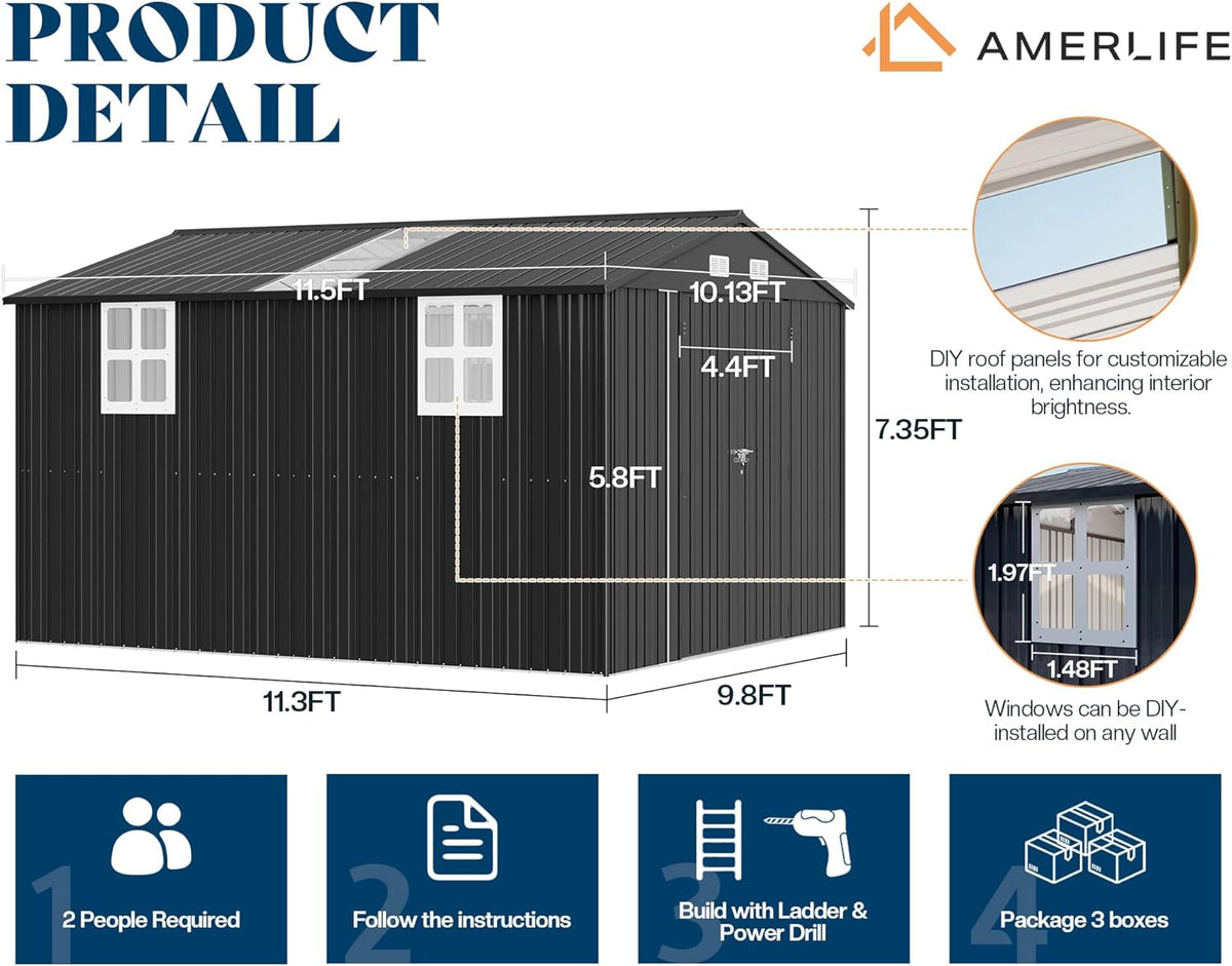 AMERLIFE 10.1x11.5x7.4 FT Galvanized Steel Storage Shed with Dual Transparent Panels, 2 4-Pane Windows & Hinged Double Doors, Outdoor Shed for Backyard, Patio, Garden, Dark Grey
