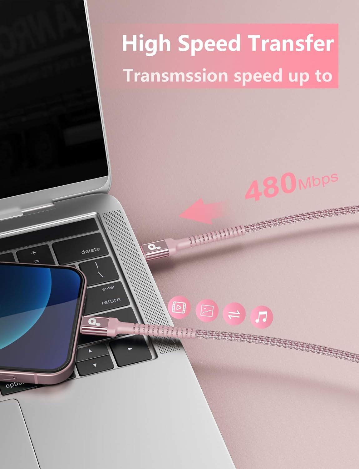 USBC Cable 10FT, 2Pack Long USBC Fast Charging Cable, Nylon Braided USB C to USB C iPhone Charger Cord Compatible with iPhone 16/15/Pro Max/Plus/Samsung Galaxy S23/LG/Switch-Pink