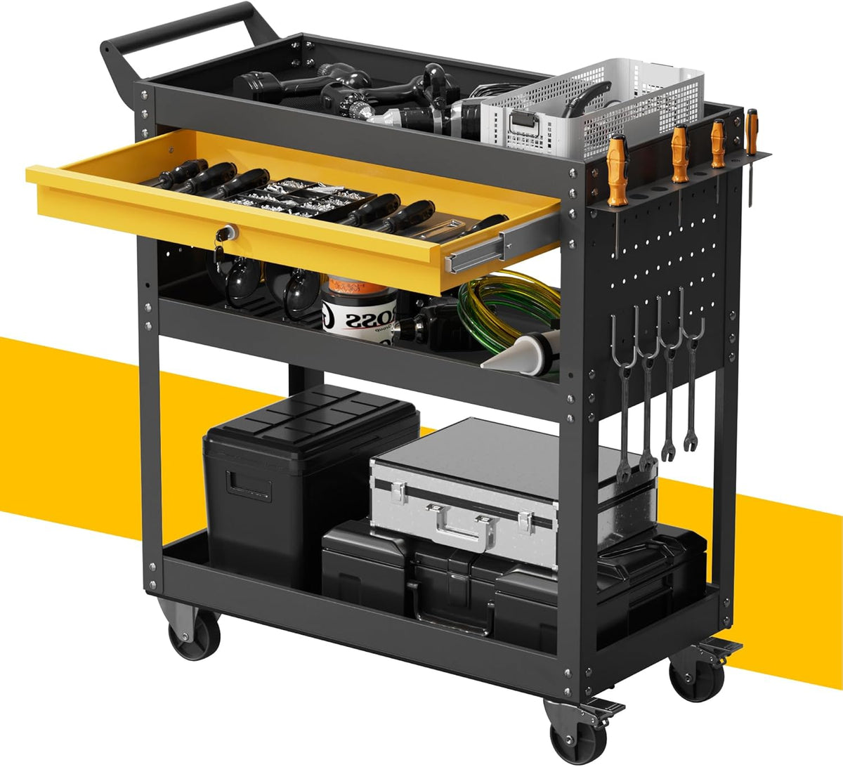 3 Tier Rolling Tool Cart on Wheels, Heavy Duty Utility Cart, Work Cart with Drawers and Pegboards, 440 LBS Loading Capacity Tool Storage Trolley for Mechanic, Garage, Workshop