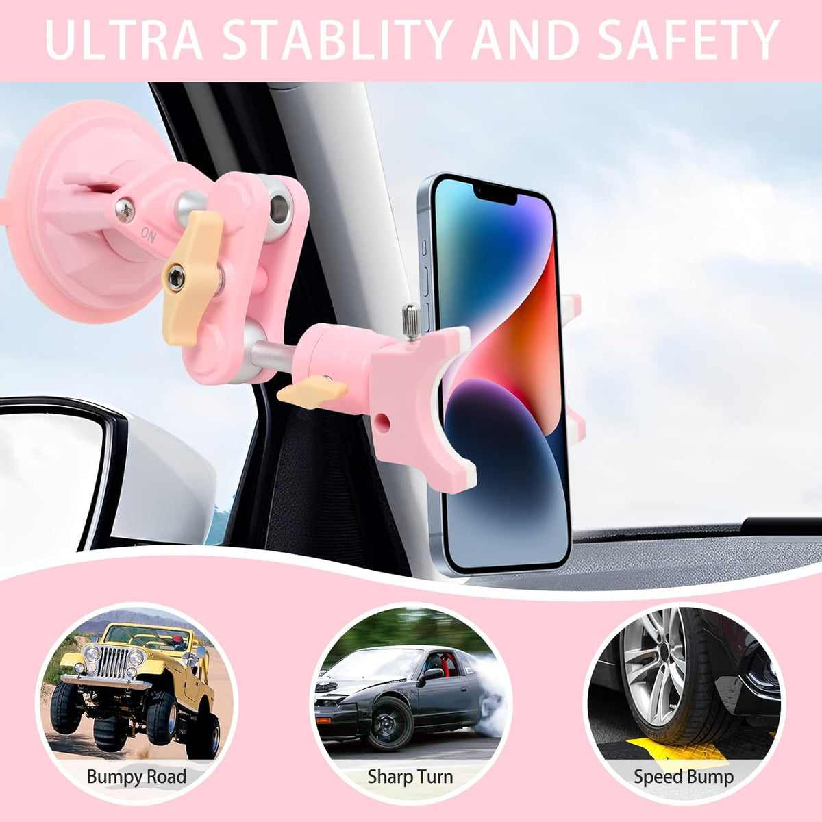 Suction Cup Phone Mount 360 Rotating Universal Ball Head Arm for Car Dashboard Windshield Vehicle Sunroof (1pc*Pink)
