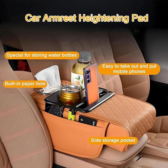 Car Center Console Cover for Hyundai Tucson 2021-2024, Leather Armrest Cushion Protector Pad with Tissue Box Holder Storage Pockets Cup Holder Phone Slot, B/Black-red