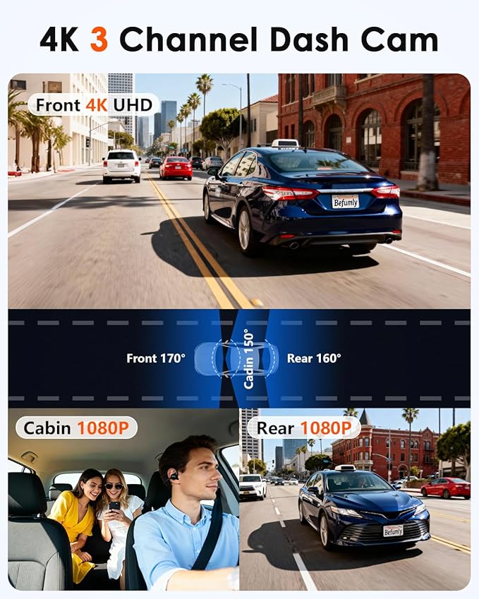 3-Channel Dash Cam 4K for Car: Front, Rear & Inside Dash Camera with 5.8G WiFi & GPS - 24H Parking Mode, 64GB Card for Rideshare Driver