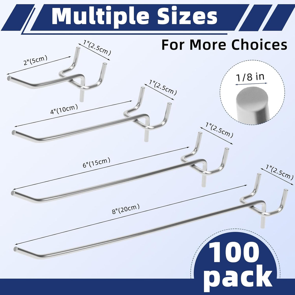100 Pack Pegboard Hooks Heavy Duty 4 6 8 Inch Pegboard Hooks 1/8 Stainless Steel Peg Board Shelving Hanging Tool Pegs Organizer Accessories Kit for Garage Kitchen Store Craft Organizing Wall Storage