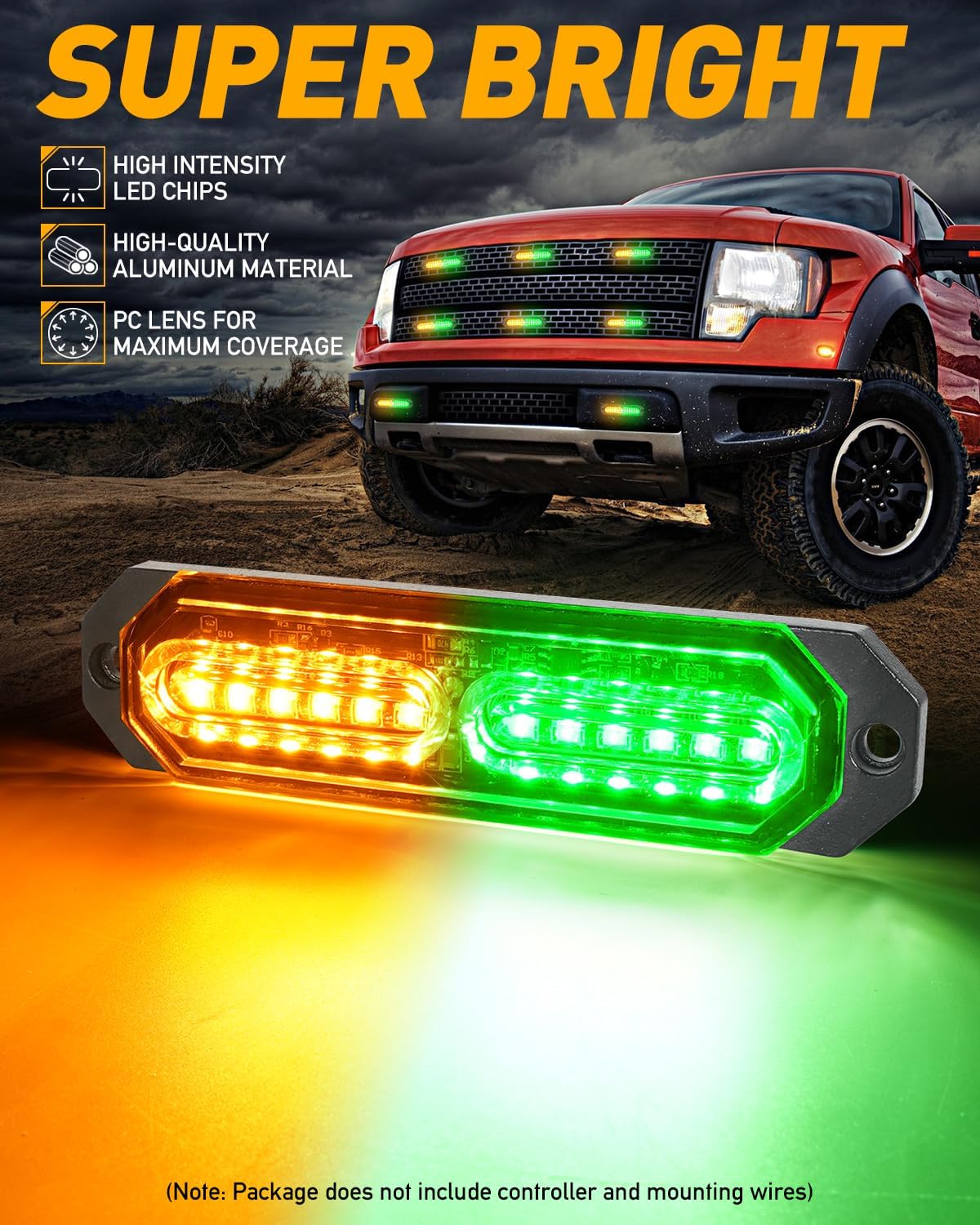 HLauto 1200T Emergency Strobe Grille Lights: 8pcs 12 LED Sync Feature Safety Warning Flashing Lights, Ultra Slim Surface Mount Hazard Caution Lights for Trucks, Vehicles, Car, ATV, UTV (Amber Green)