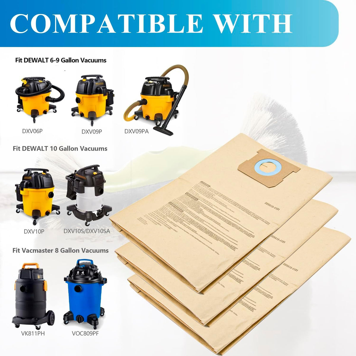 12 Pack DXVA19-4101 Dust Bag Compatible with DEWALT 6-10 Gallon DXV06P DXV09P DXV09PA DXV10P DXV10PL DXV10S DXV10SA DXV10SB Wet/Dry Vacuum Cleaners