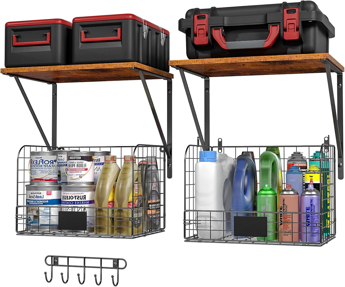 2 Pack Garage Shelves Wall Mounted with Wire Storage baskets, Heavy Duty Garage Wall Shelving with Hooks, Wooden floating shelves Tool Organizer for Home Garden Garage Organizers and Storage